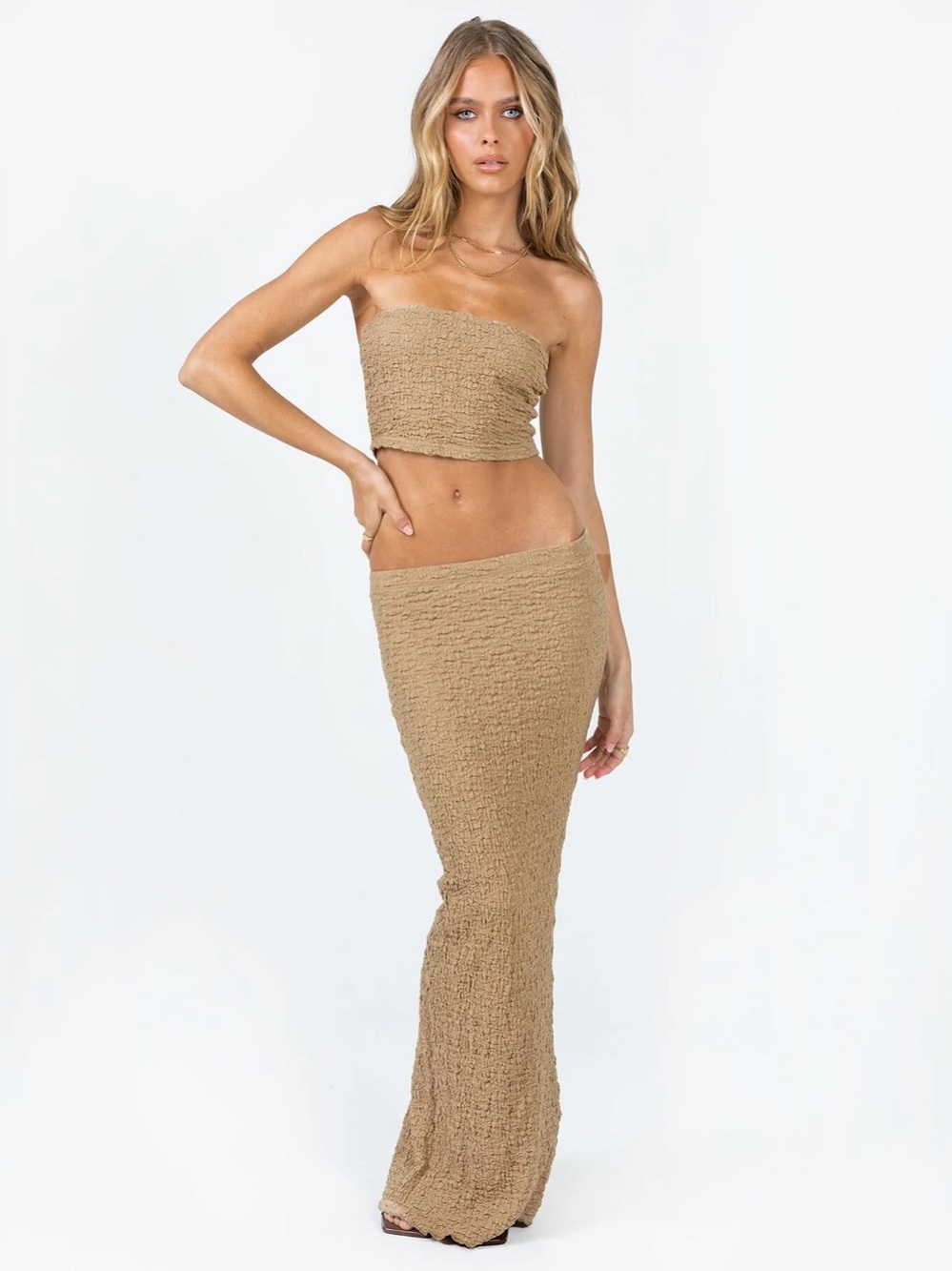 Princess Polly Taupe Crinkle Column Maxi Skirt Set